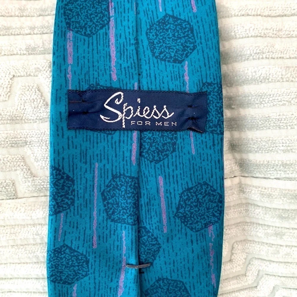 80’s Spiess Mens Tie. Bold in Color w/Teal/Blue Design and Pink Stripe Accents.